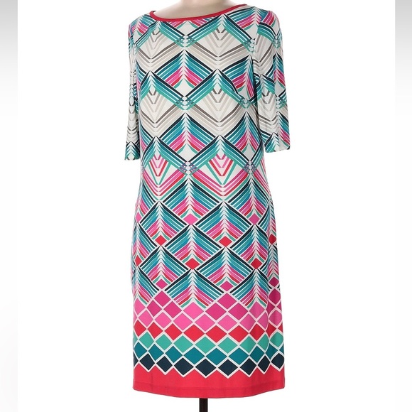 Eliza J Dipped Chevron Argyle Herringbone Teal Red Blue Shift Dress Size 10 Med - Picture 1 of 5